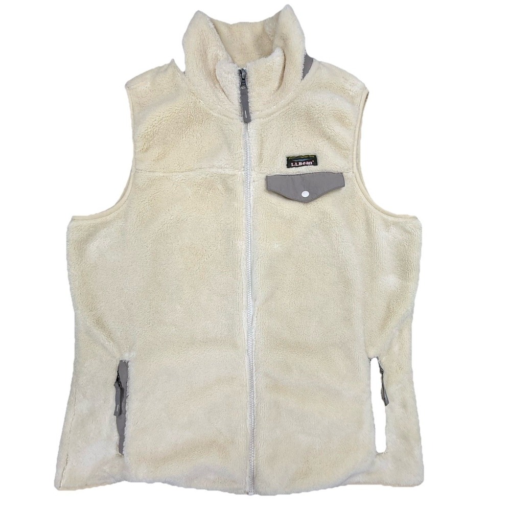 LL Bean Vest Women's Large Cream Fleece Jacket Zip Pockets Outdoor Cozy